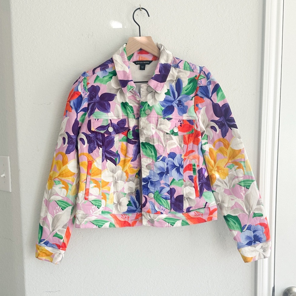 Boston Proper Romantic Florals Print Denim Puff Sleeve Jacket S